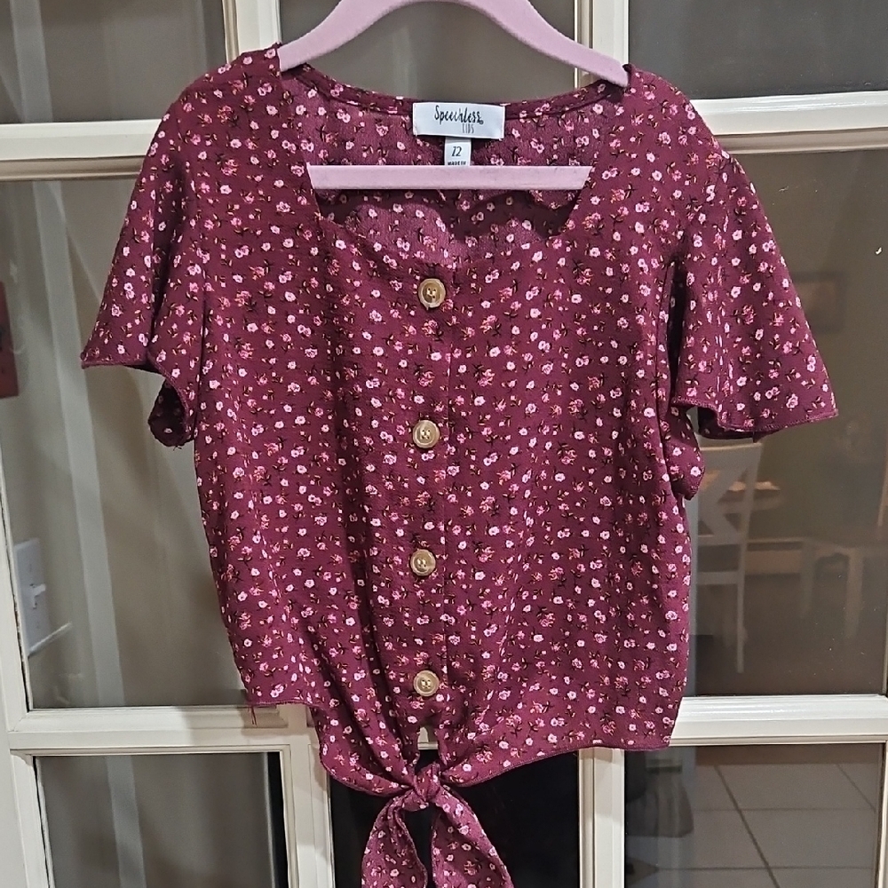 Speechless Burgundy Floral Kids Blouse